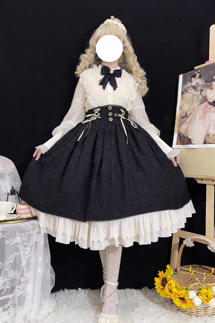 Black Heart of Rose High Waisted Ruffle Embroidery Lace-Up Sweet Vintage Elegant Palace Lolita Skirt