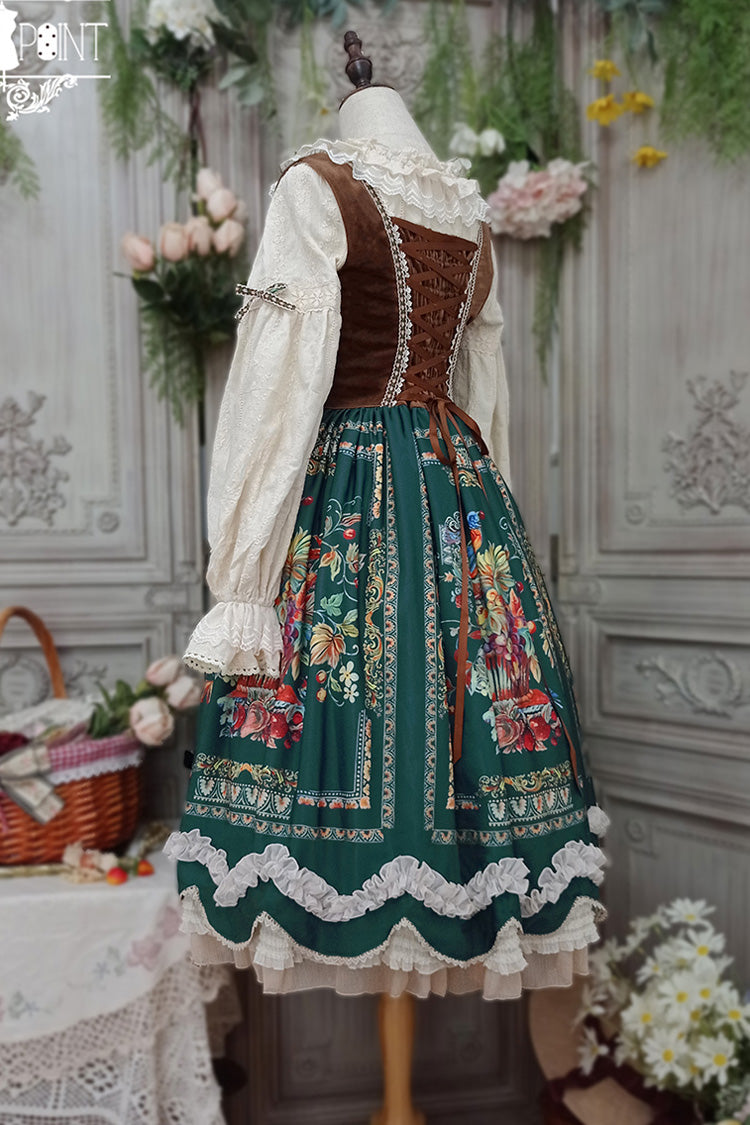 Green Ode to Plenty Berries and Birds Print Ruffle Bowknot Velvet Classic Lolita Breast Support Jsk Dress