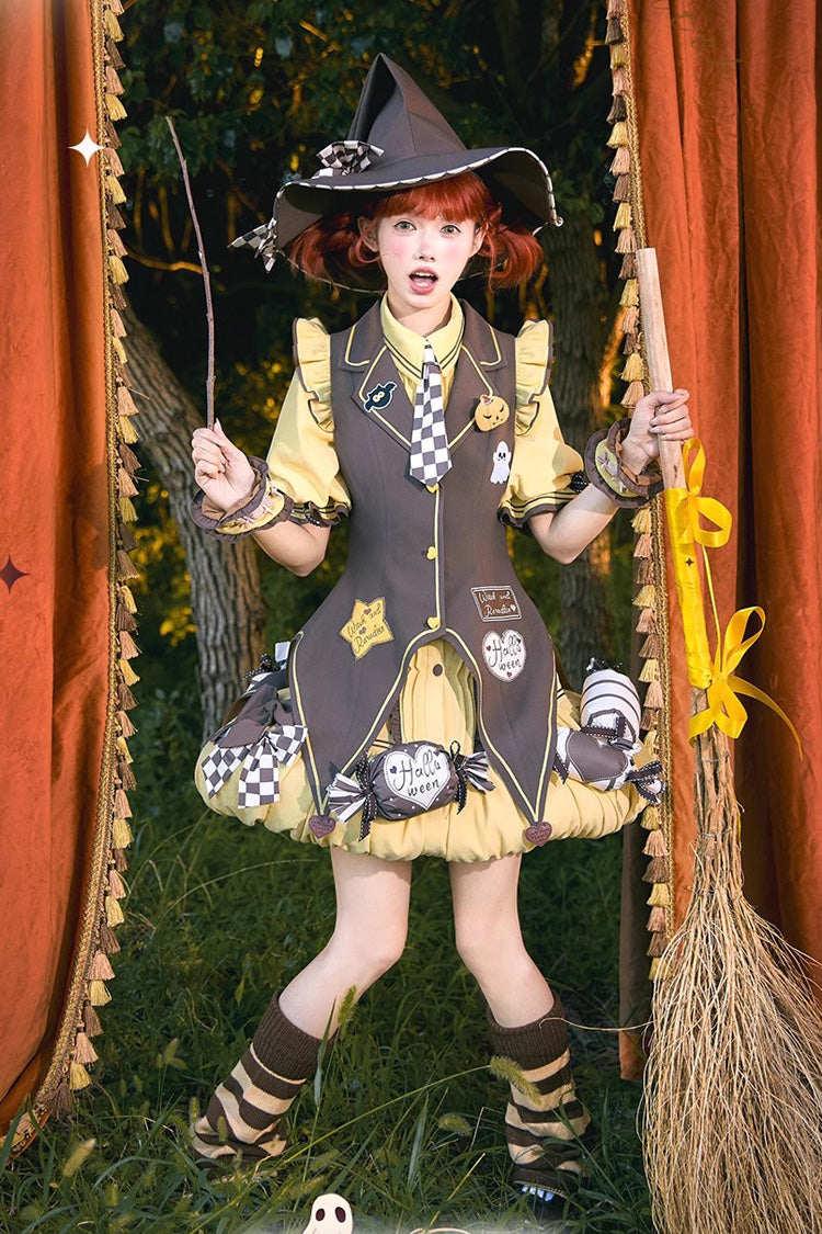 Brown/Yellow Witch and Paradise Short Sleeves Ruffle Bowknot Sweet Japanese Halloween Lolita Dress Vest Set