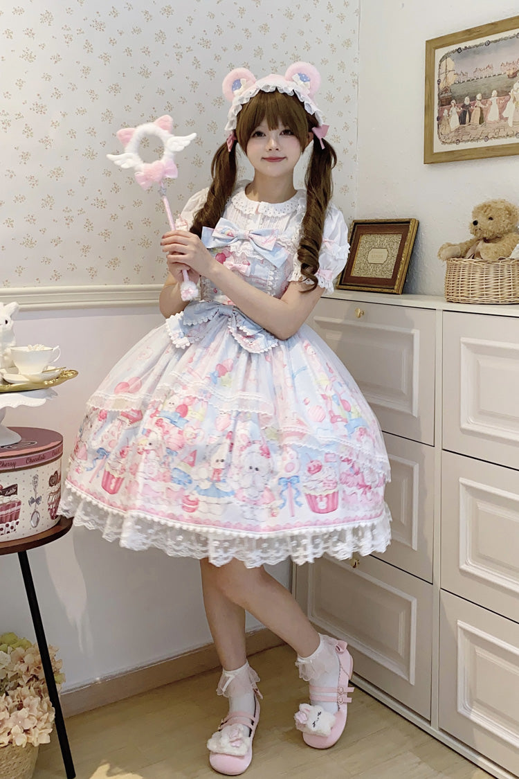 Blue Cute Rabbit Sweet Cake Print Ruffle Bowknot Lace Sweet Lolita Jsk Dress