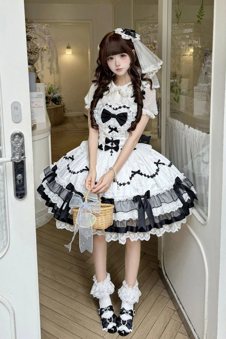 Black/White Scarlet Heart Cocoa Sleeveless Triple-Layered Ruffle Embroidery Bowknot Lace Sweet Lolita Jsk Dress