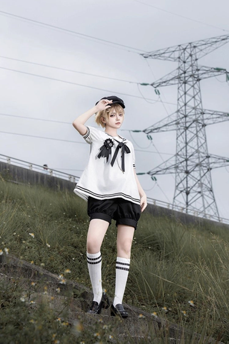 Black/White Old Stories Navy Collar Short Sleeves Bowknot Ouji Gothic Lolita Blouse Shorts Set