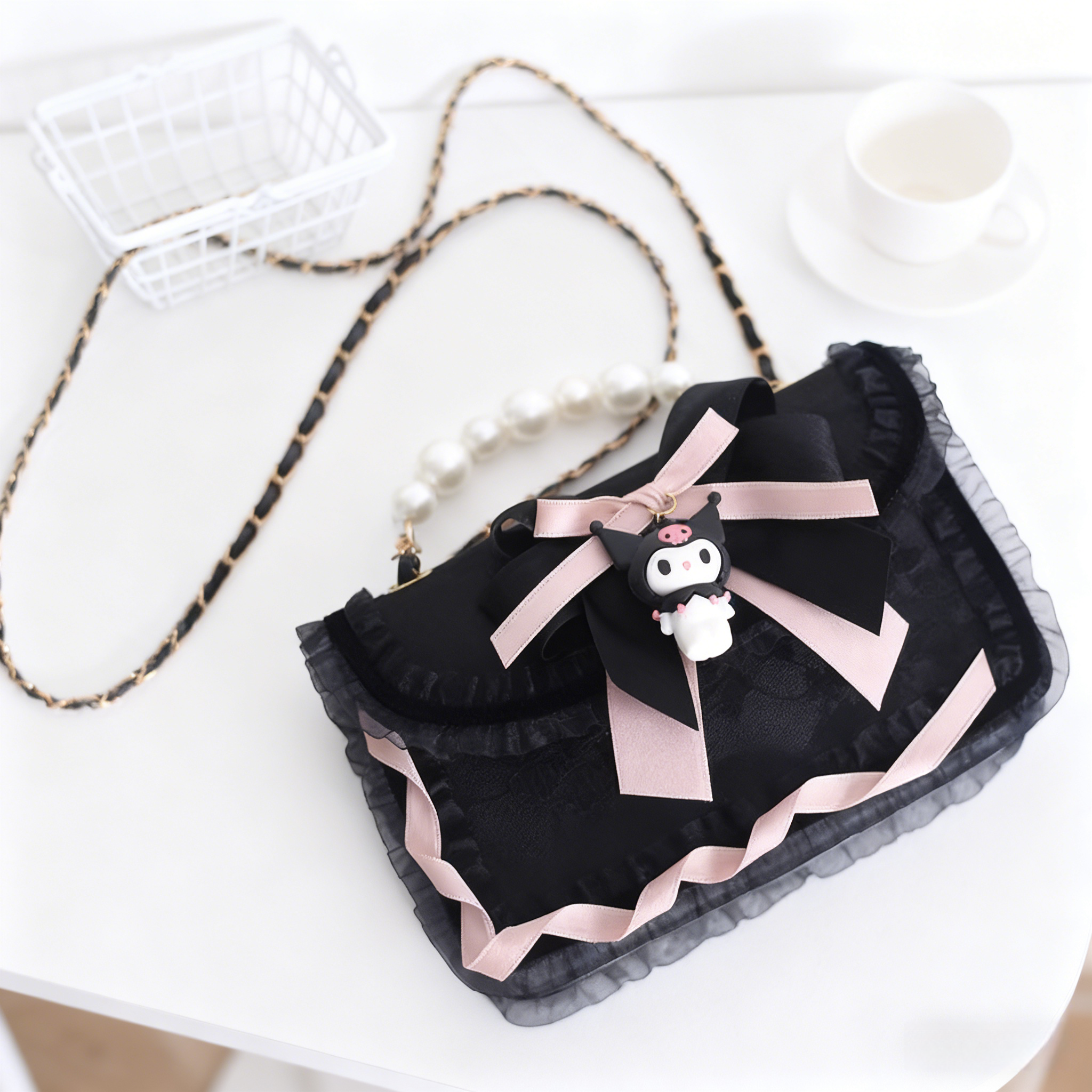 Lolita Bag Gothic Kuromi Lace Mini Square Crossbody with Luxe Pearl Handle and Ribbon Accents
