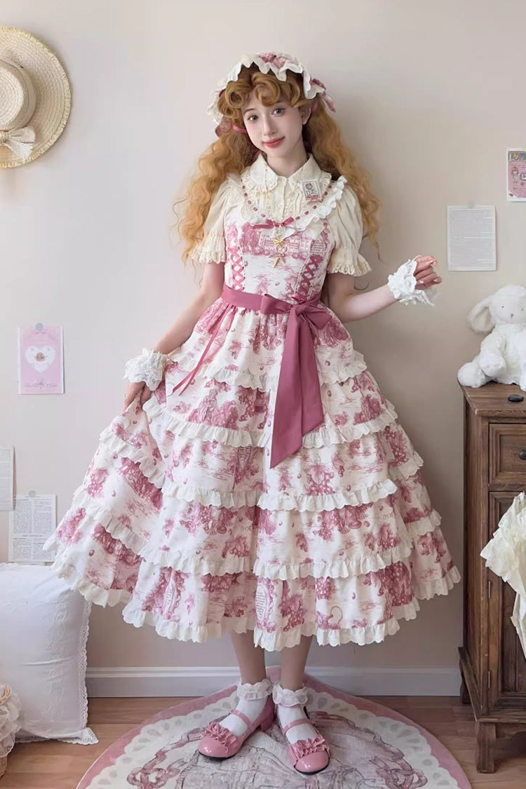 Rose Red Grape Moon Almanac Sleeveless Multi-Layered Printed Ruffled Bow Adjustable-Length Sweet Lolita Jsk Dress