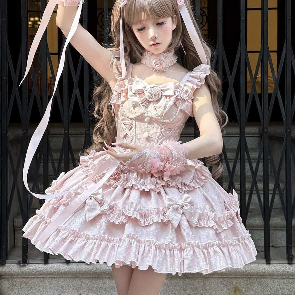 Gradual Change Hime Pink Lolita Tea Party Fashion Lavender Bow Ruffled Dress