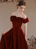Wine Red Velvet One Shoulder Princess Prom Dress Elegant Ball Gown
