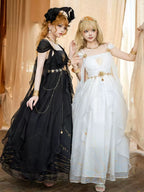 Mori Kei Fashion Elegant White Gown with Golden Celestial Motifs