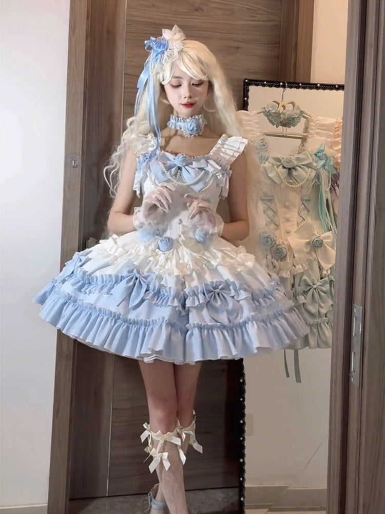 Gradual Change Hime Lolita Blue Tea Party Fashion Lavender Bow Ruffled Dress