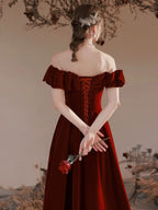 Wine Red Velvet One Shoulder Princess Prom Dress Elegant Ball Gown