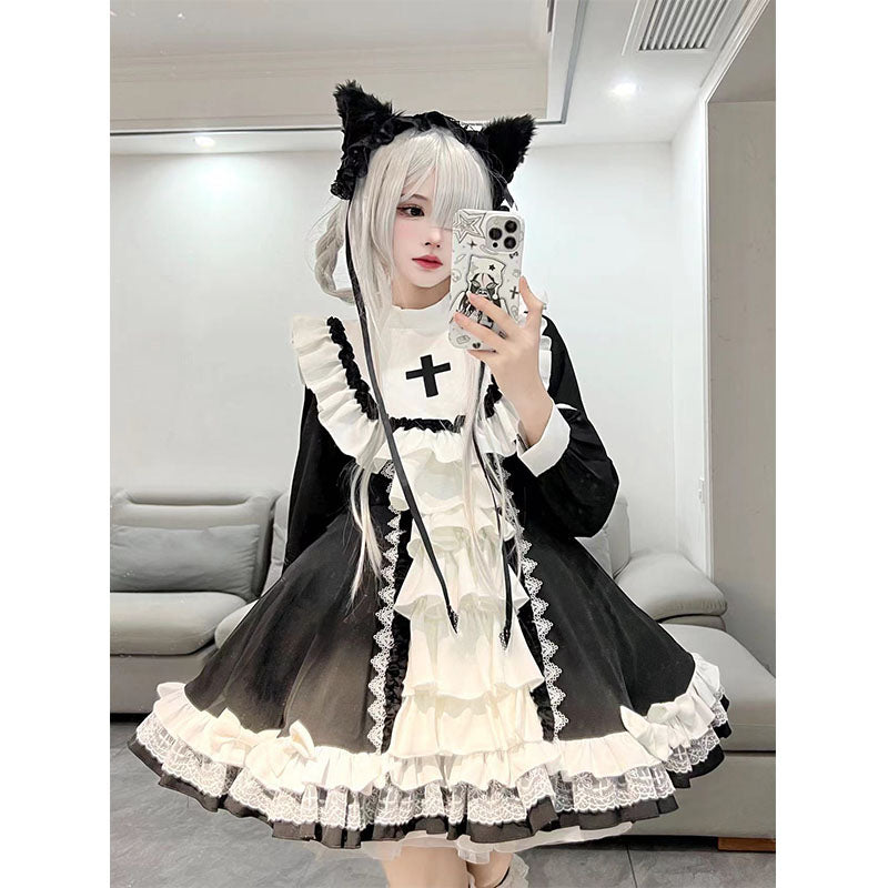 Black and White Goth Nun Style Lolita Dress Tutu Ruffle Cross
