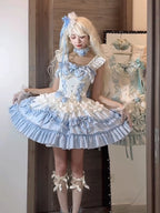 Gradual Change Hime Lolita Blue Tea Party Fashion Lavender Bow Ruffled Dress