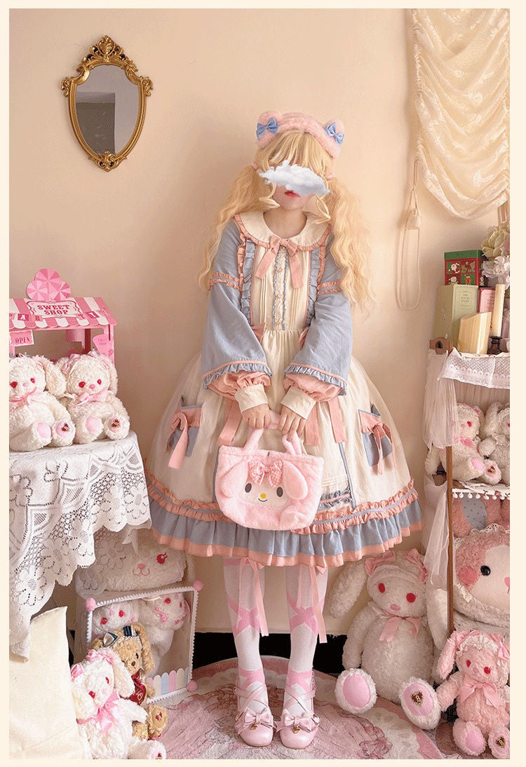 Sweet Lolita Plus Size Lolita Pink-blue Dress OP Long Sleeve 4XL One Piece Dress