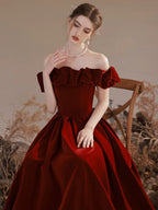 Wine Red Velvet One Shoulder Princess Prom Dress Elegant Ball Gown
