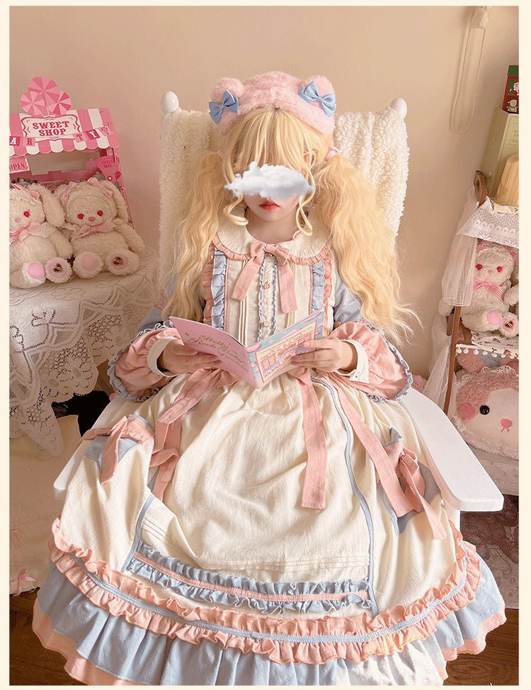 Sweet Lolita Plus Size Lolita Pink-blue Dress OP Long Sleeve 4XL One Piece Dress
