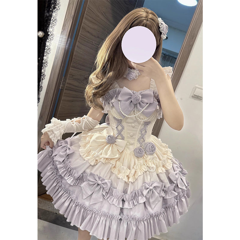 Gradual Change Hime Lolita Purple Tea Party Fashion Lavender Bow Ruffled Dress