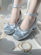 Lolita Shoes Cute Square Head Elegant Low-heeled Satin Mary Jane
