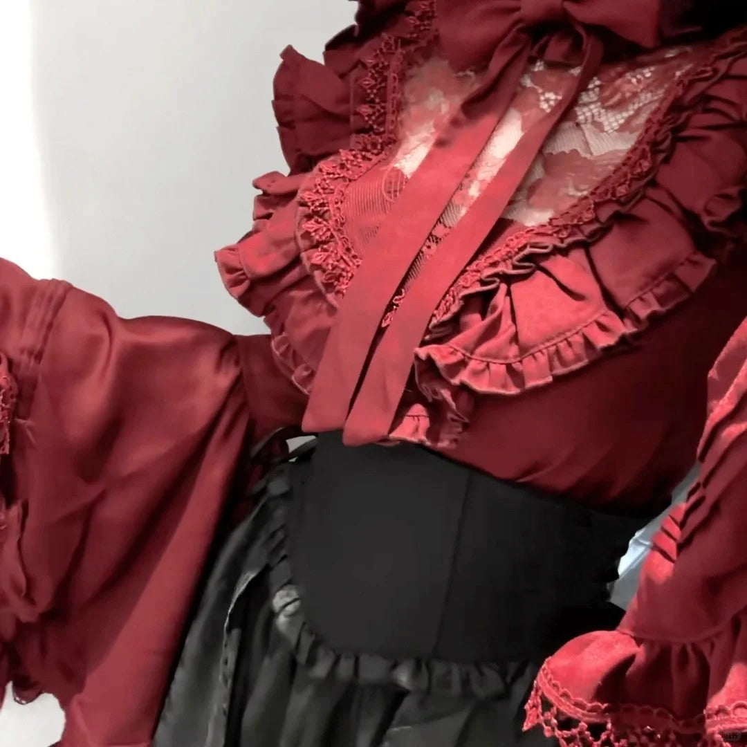 Gothic Lolita Christmas Clothing Black and Red Goth Long Dress Shirt Sleeve Skirt OP
