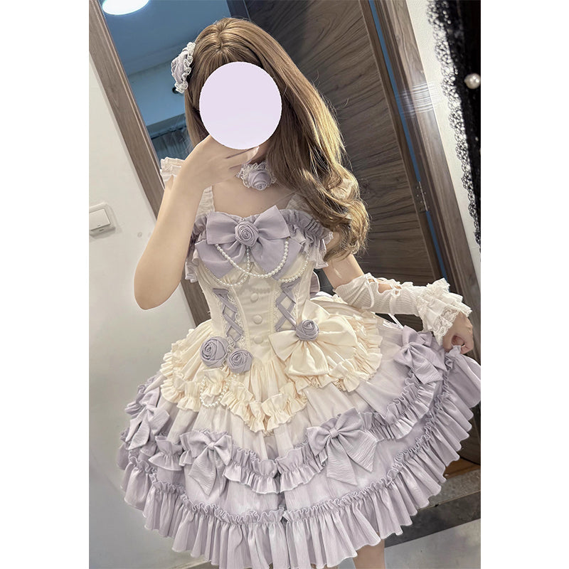 Gradual Change Hime Lolita Purple Tea Party Fashion Lavender Bow Ruffled Dress