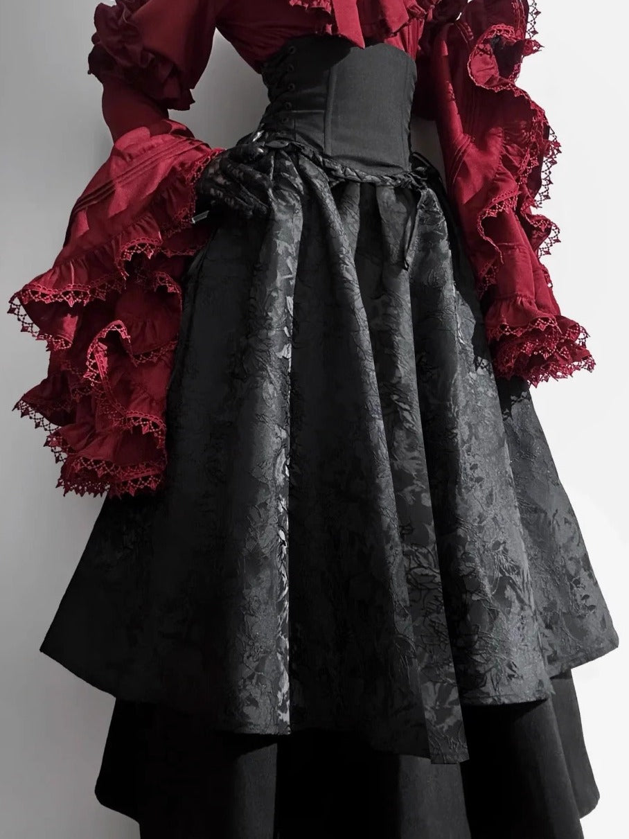 Gothic Lolita Christmas Clothing Black and Red Goth Long Dress Shirt Sleeve Skirt OP