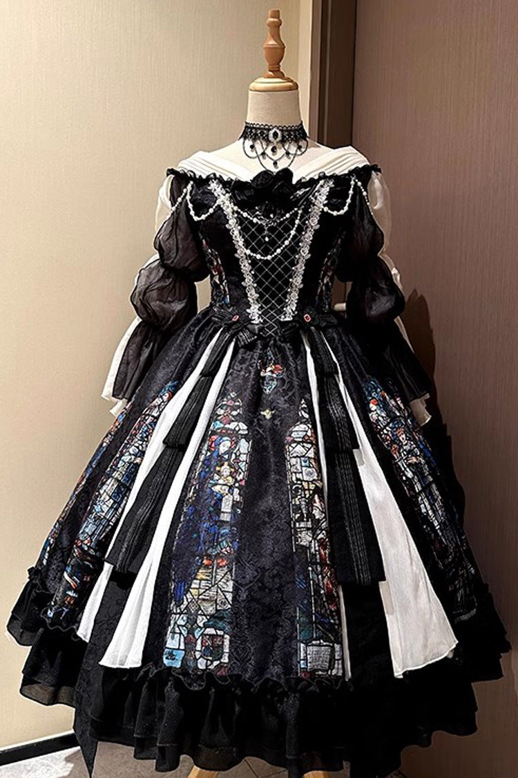 Black Stained Window Print Ruffle Bowknot Gothic Elegant Lolita Jsk Dress