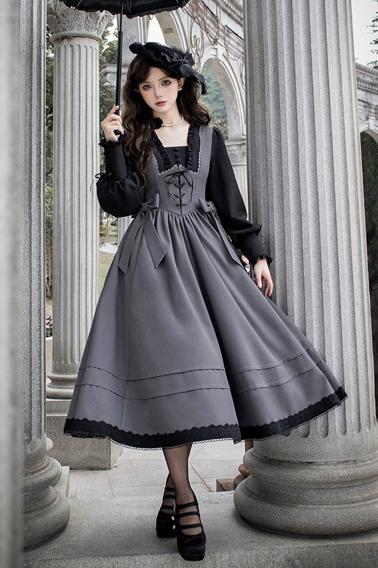 Grey Mist Chronicle Square Collar Long Sleeves Bowknot Lace-Up Color-Block Fake Two Pieces Classic Lolita Dress
