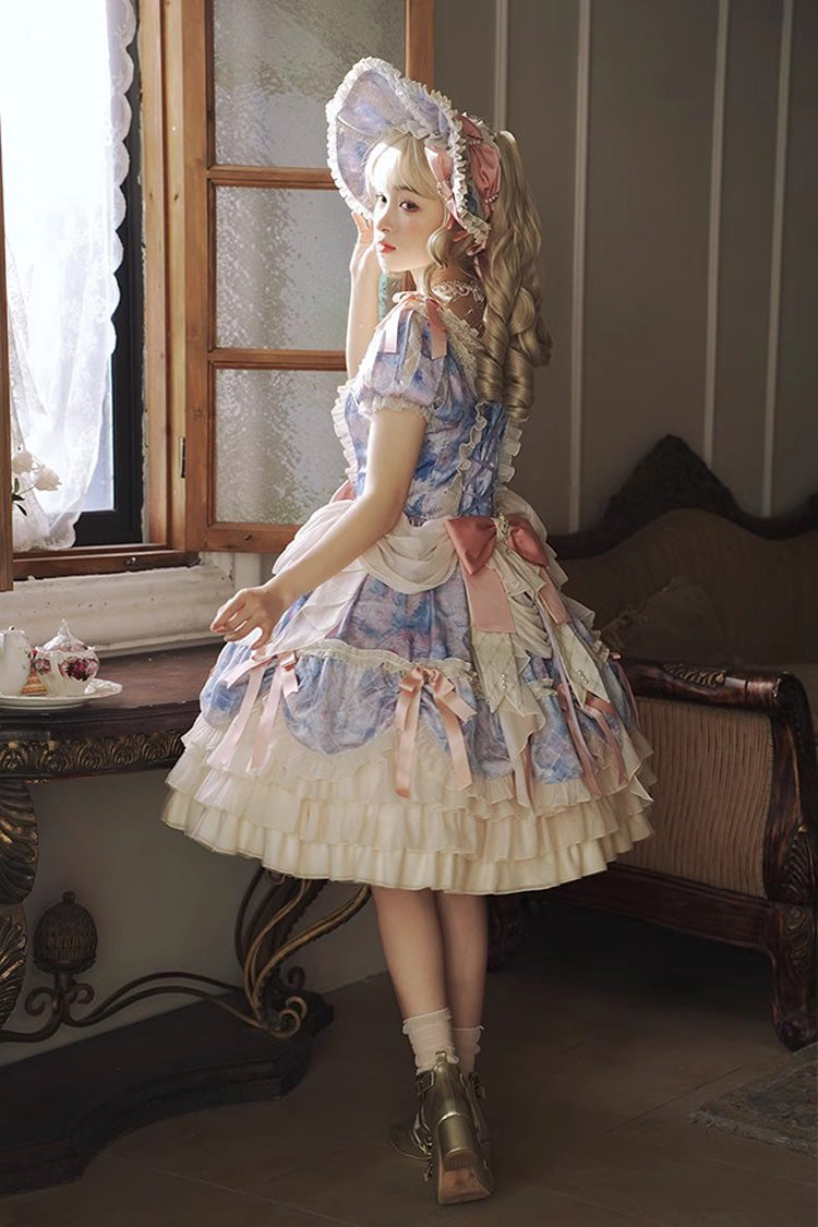 Angel Heart Sky Oil Painting Print Ruffle Cardigan Bowknot Sweet Princess Lolita Dress 3 Colors