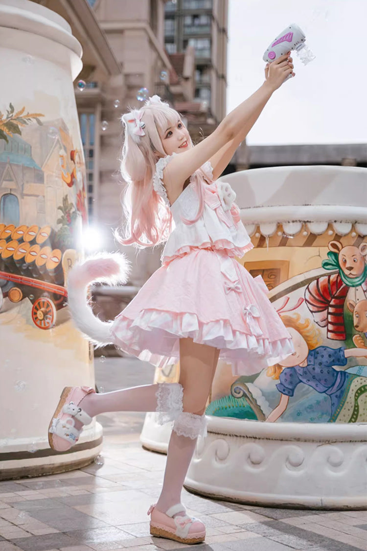 Pink Miss Meow Print Ruffle Bowknot Sweet Lolita Skirt Set