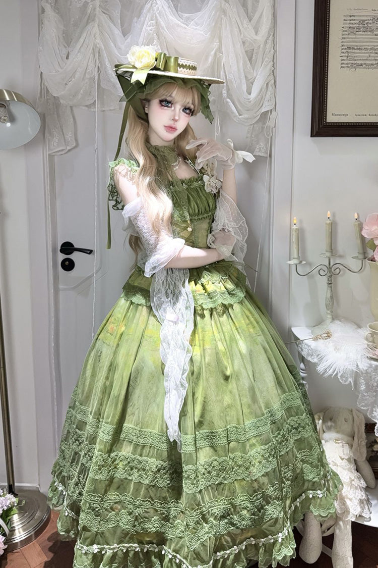 Green Mist-shrouded Vineyard Sleeveless Ruffle Bowknot Lace-Up Sweet Lolita Jsk Skirt Dress Set