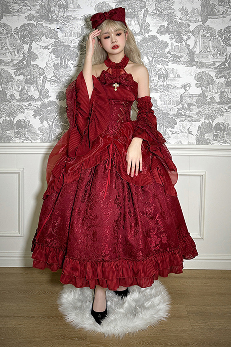 Solid Color The Mystery of The Doll Halterneck Ruffle Bowknot Drawstring Gothic Lolita Dress 4 Colors