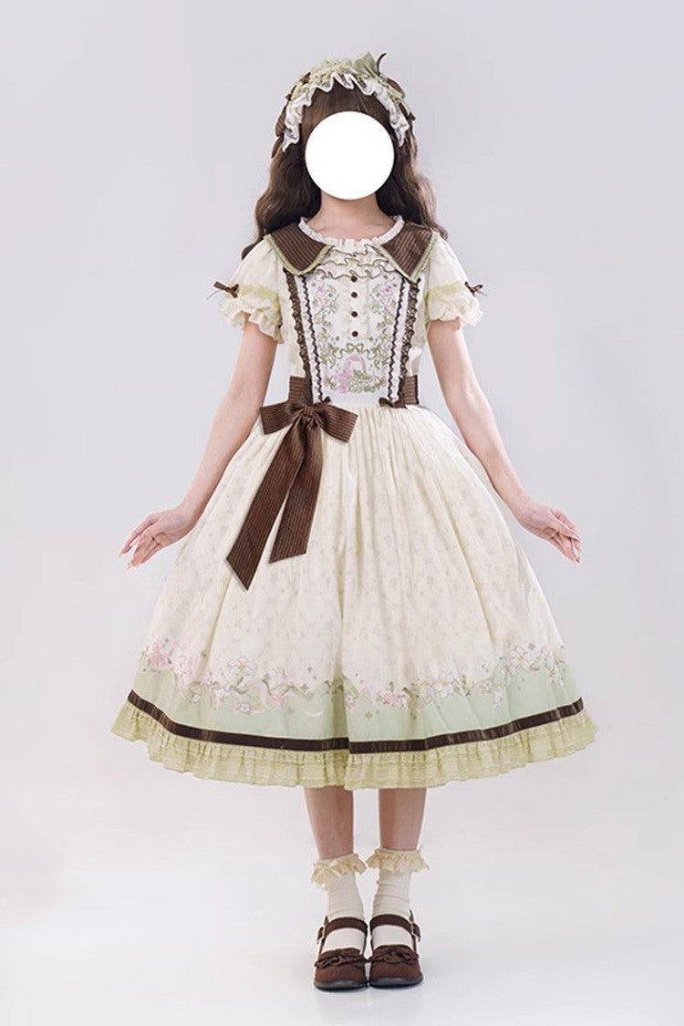 Green/Ivory Lily Short Sleeves Print Ruffle Embroidery Bowknot Lace Sweet Elegant Lolita Dress