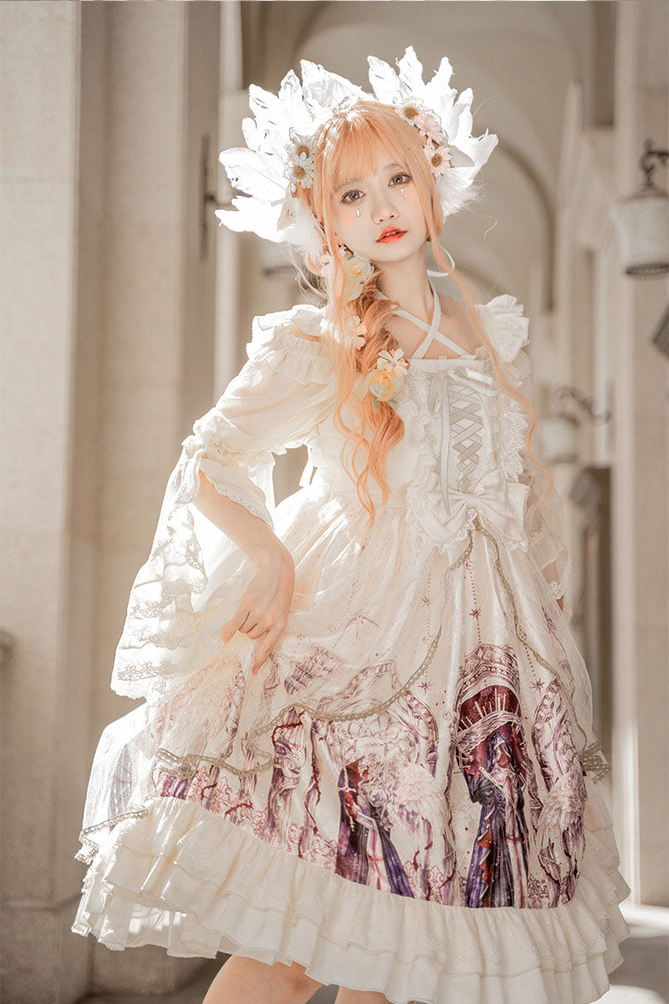 Ivory Ancient Mythology Angel Wings Print Mesh Stitching Bowknot Ruffled Gothic Lolita Jsk Dress