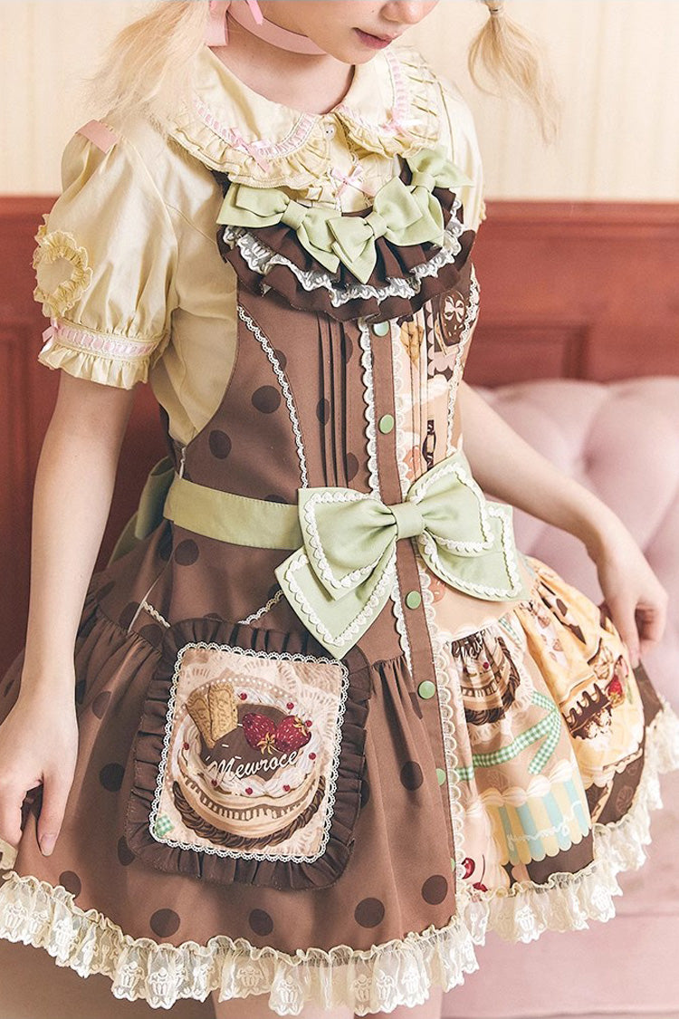 Brown Cake Chocolate Dessert Print Ruffle Bowknot Sweet Lolita Strap Dress