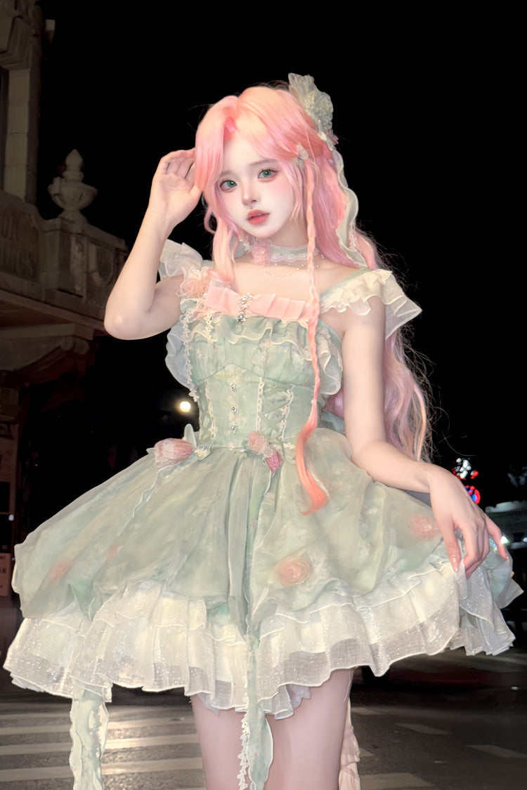 Green Flower Fairy Forest Garden Print Ruffle Bowknot Lace Sweet Lolita Dress