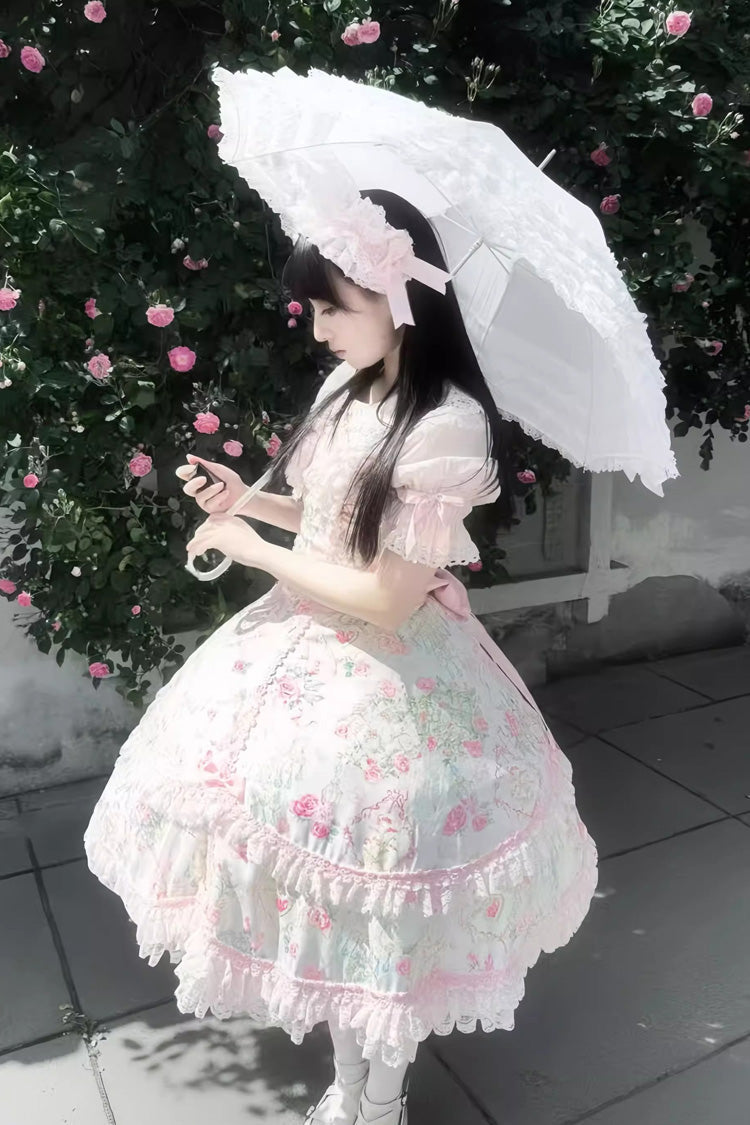 White/Pink Sleeveless Flower Wall Print Ruffle Bowknot Lace Sweet Lolita Jsk Dress