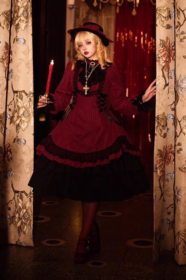 Point Manor Solid Color Stand Collar Long Sleeves Multi-layer Ruffle Gothic Lolita Dress 5 Colors