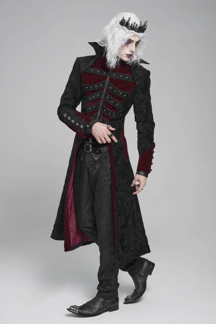 Black/Red Diamante Stand Collar Long Sleeves Printed Zippered Men's Gothic Long Coat