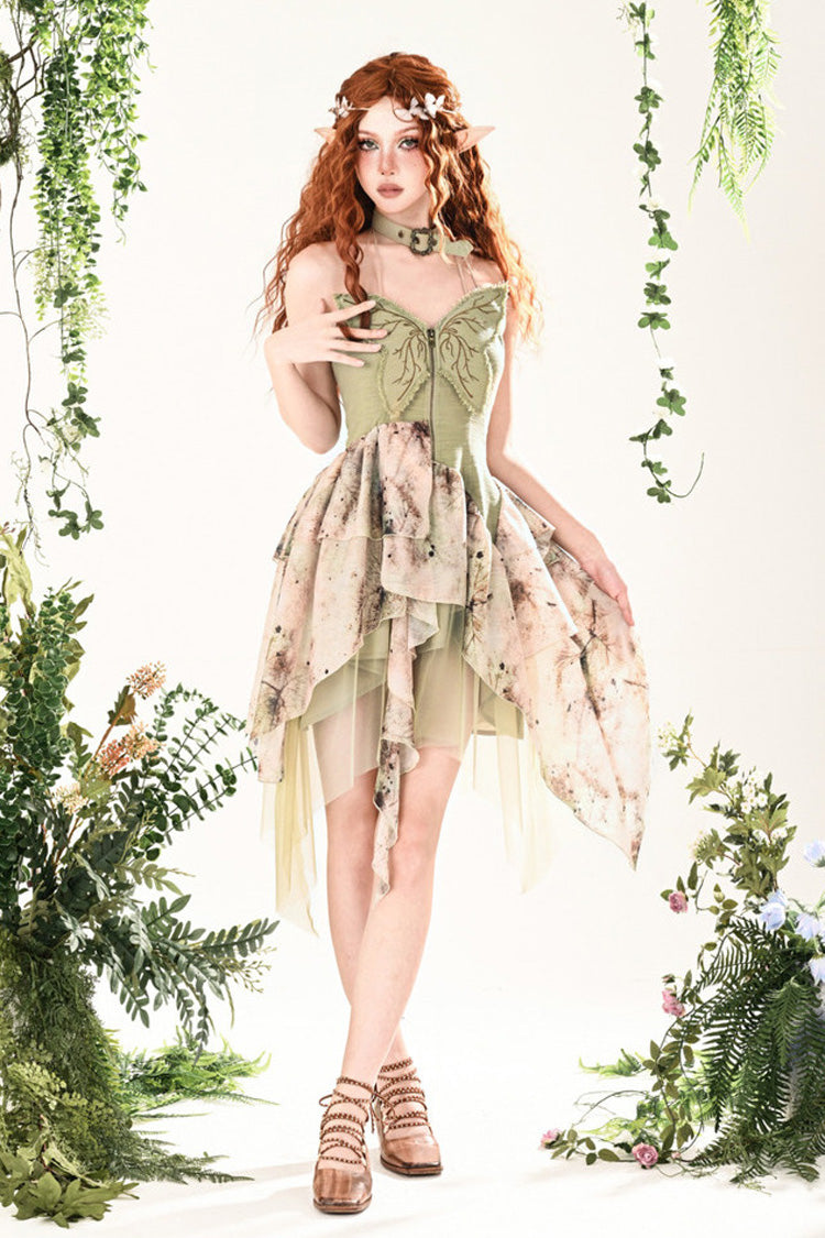 Green Forest Wandering 3D Butterfly Embroidery Lace Irregular Sweet Lolita Jsk Dress