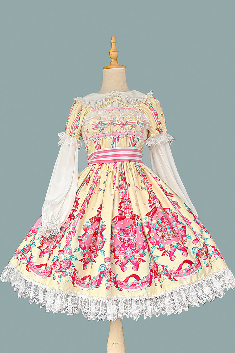 Strawberry Chef Short Sleeves Print Bowknot Lace Sweet Lolita Dress 4 Colors
