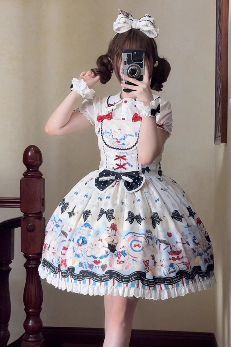 Beige Mystery Rabbit Tea Party Sleeveless Print Ruffle Bowknot Lace Sweet Lolita Jsk Dress