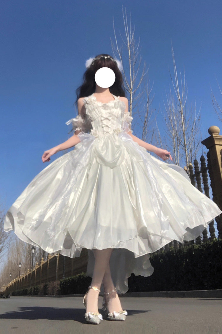 White Cindy Rose Halterneck Sleeveless Ruffle Bowknot Sweet Elegant Lolita Jsk Dress