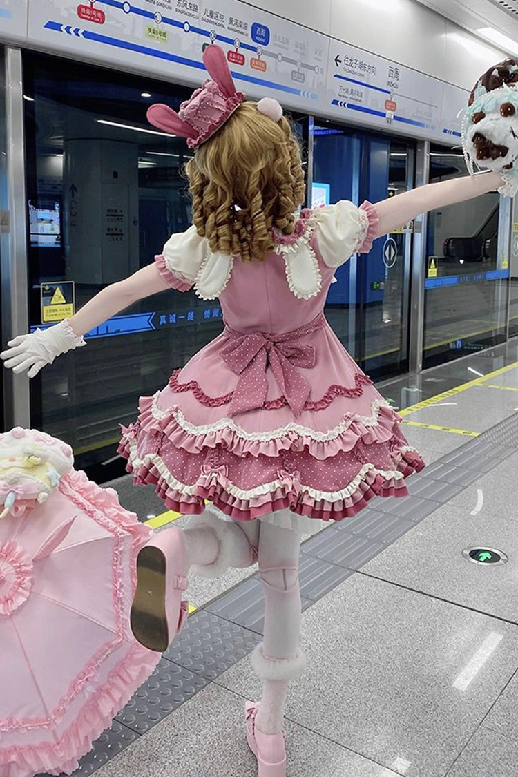 Pink Bunny Parfait Short Sleeves Multi-Layered Ruffle Bowknot Sweet Lolita Dress