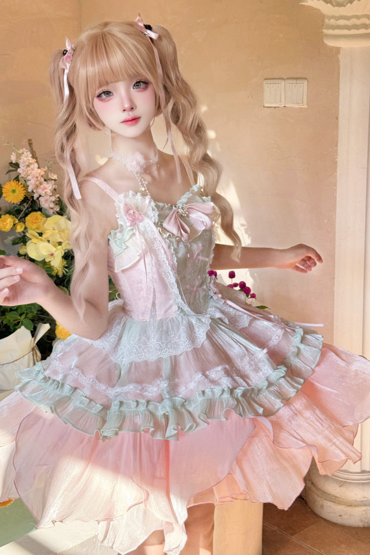 Pink/Green Summer Garden Ruffle Embroidery Bowknot Lace Sweet Lolita Jsk Short Dress