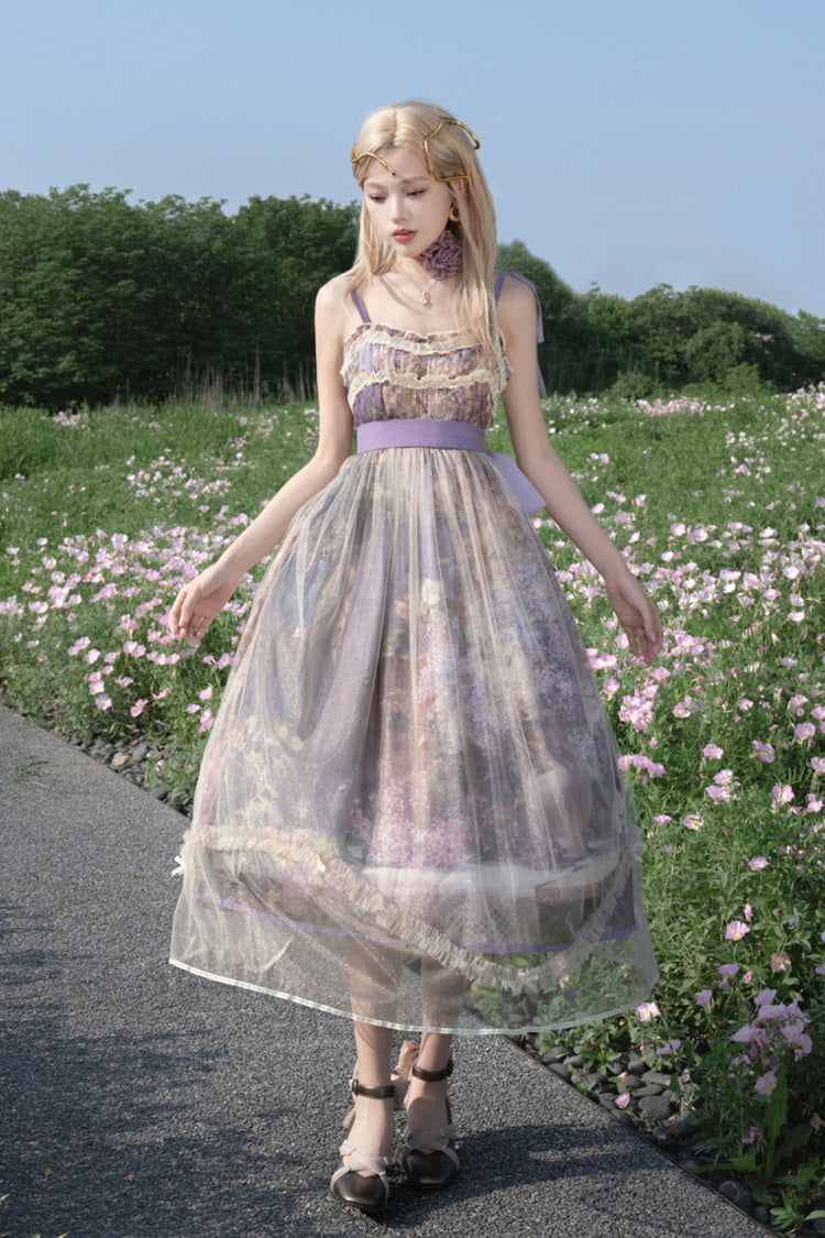 Purple Oil Painting – In the Shade of Blossoming Trees Sleeveless Print Ruffle Bowknot Lace Sweet Lolita Jsk Dress