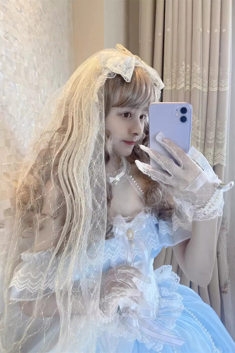 Blue/White The Little Mermaid Off Shoulder Halterneck Hanayome Bowknot Mesh Sweet Elegant Princess Lolita Dress