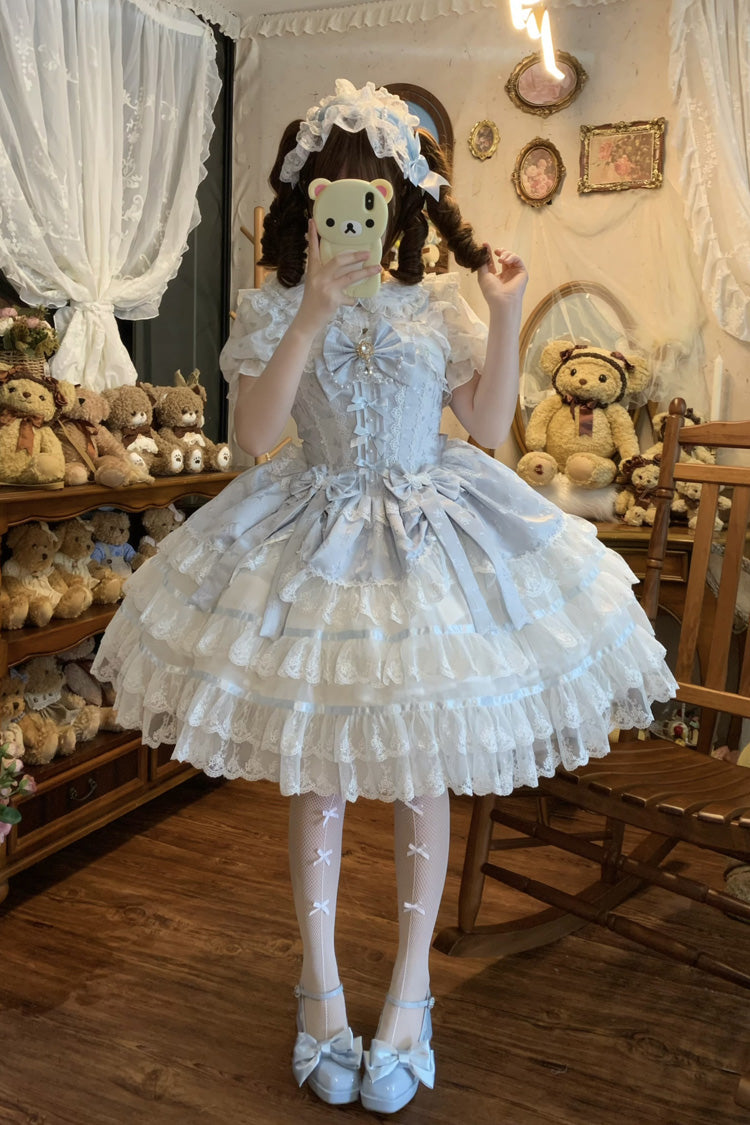 Blue Snow Kissed Romance Sleeveless High Waisted Multi-Layered Bowknot Lace Pearl Sweet Ballet Lolita Jsk Dress