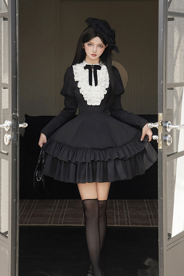 Black Miss Weir Stand Collar Long Sleeves Double-Layered Ruffle Gothic Lolita Dress