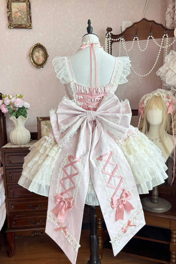 Pink Rose Canticle Sleeveless Multi-Layered Bowknot Lace Lace-Up Pearl Ballet Sweet Lolita Jsk Dress