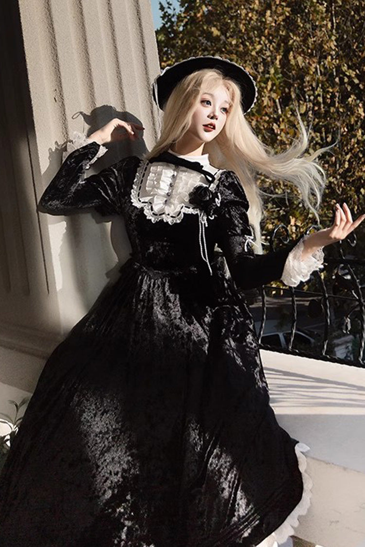 Black Whispering Castle Long Sleeves Ruffle Bowknot Lace Gothic Lolita Dress