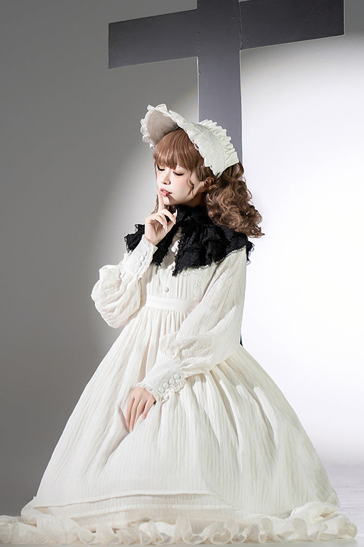 White Quiet Place Long Sleeves Jacquard Ruffle Embroidery Bowknot Gothic Lolita Dress
