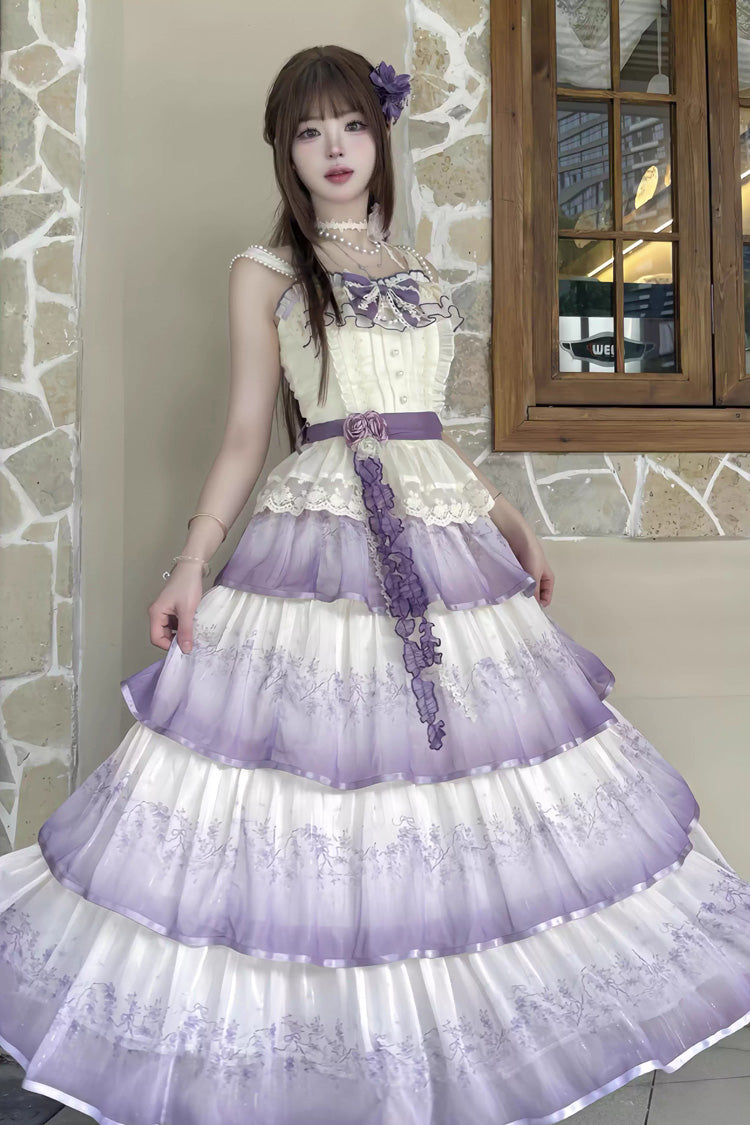 Purple Lilac Thoughts Sleeveless Gradient Multi-Layered Print Ruffle Bowknot Lace Sweet Lolita Dress Set